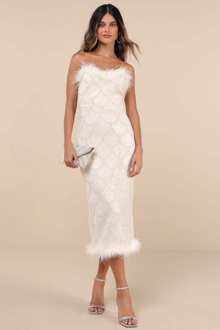 Lulus Uniquely Confident Cream Lace Feather Strapless Midi Dress Cocktail L NWT
